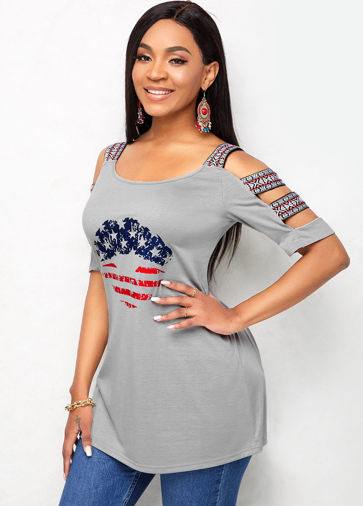 American Flag Print Ladder Cutout Sleeve T Shirt