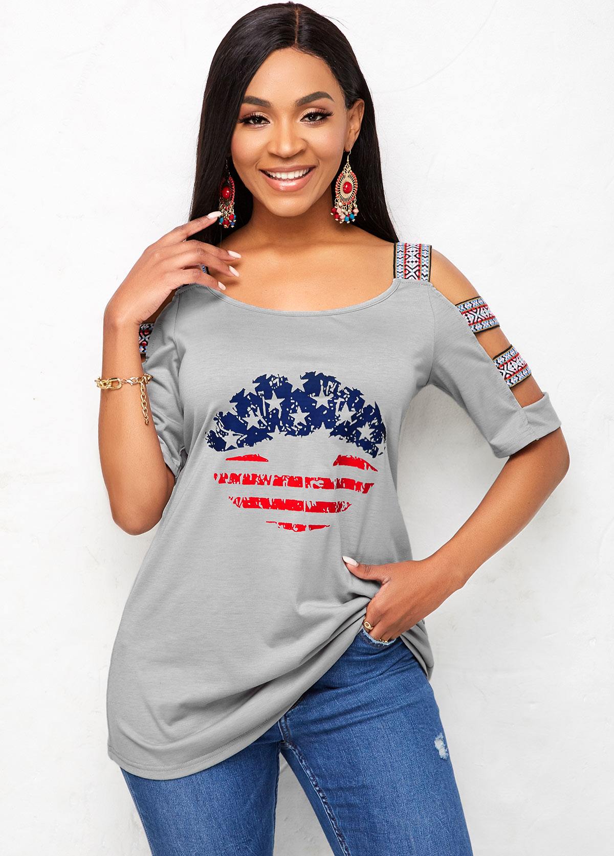 American Flag Print Ladder Cutout Sleeve T Shirt