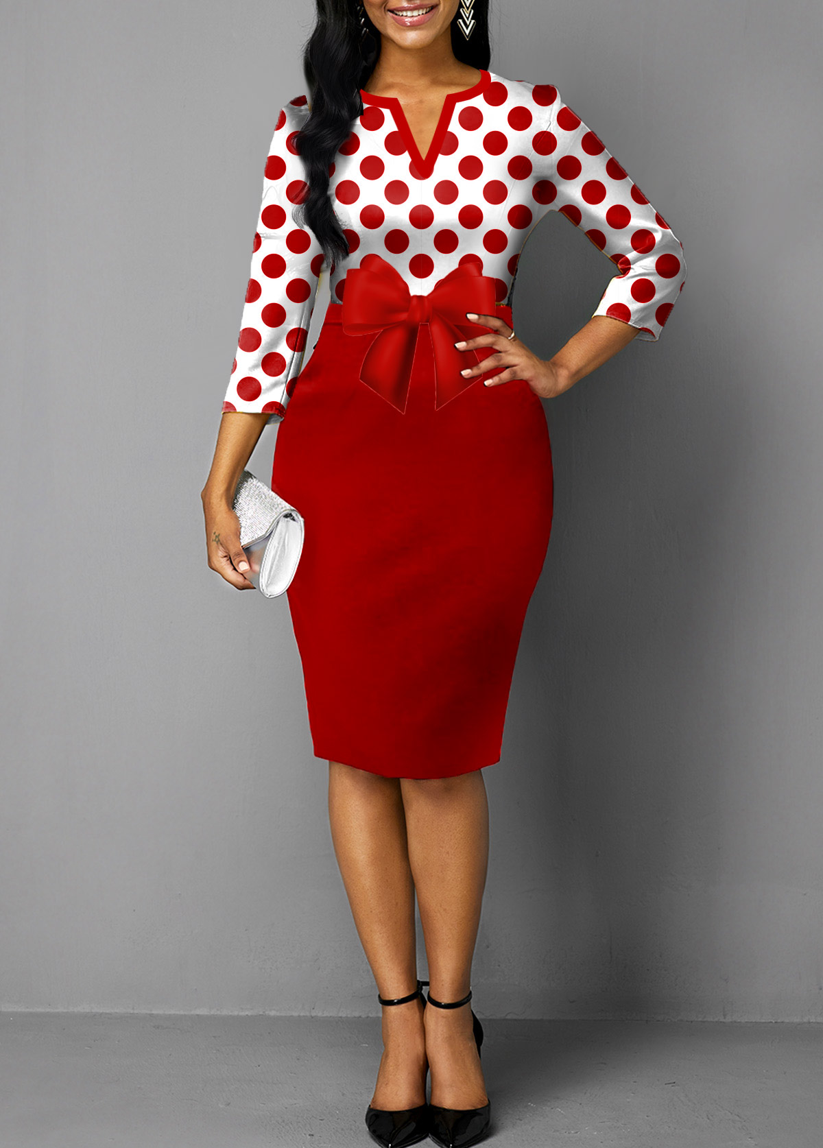 Bowknot Red Polka Dot Split Neck Dress 