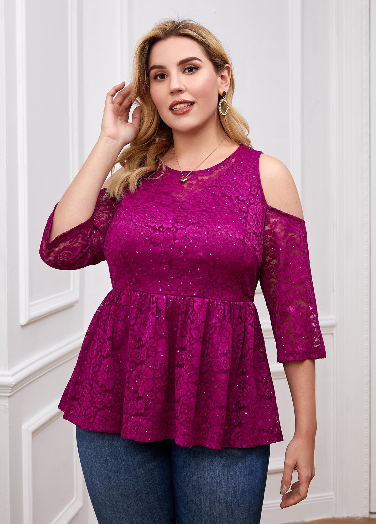 Lace Stitching Plus Size Cold Shoulder T Shirt