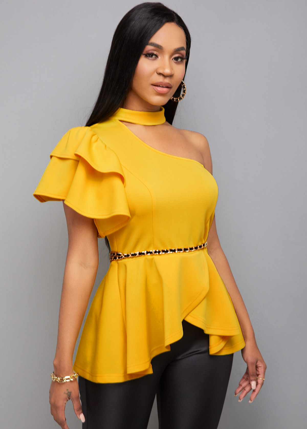 One Sleeve Choker Neck Ruffle Hem Blouse