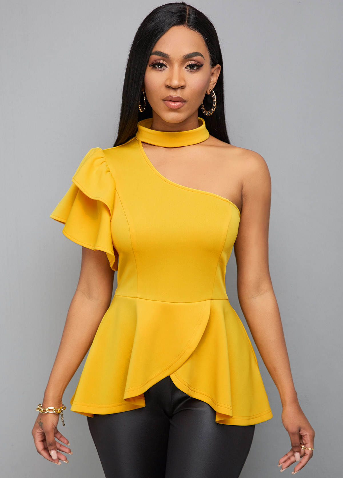 One Sleeve Choker Neck Ruffle Hem Blouse