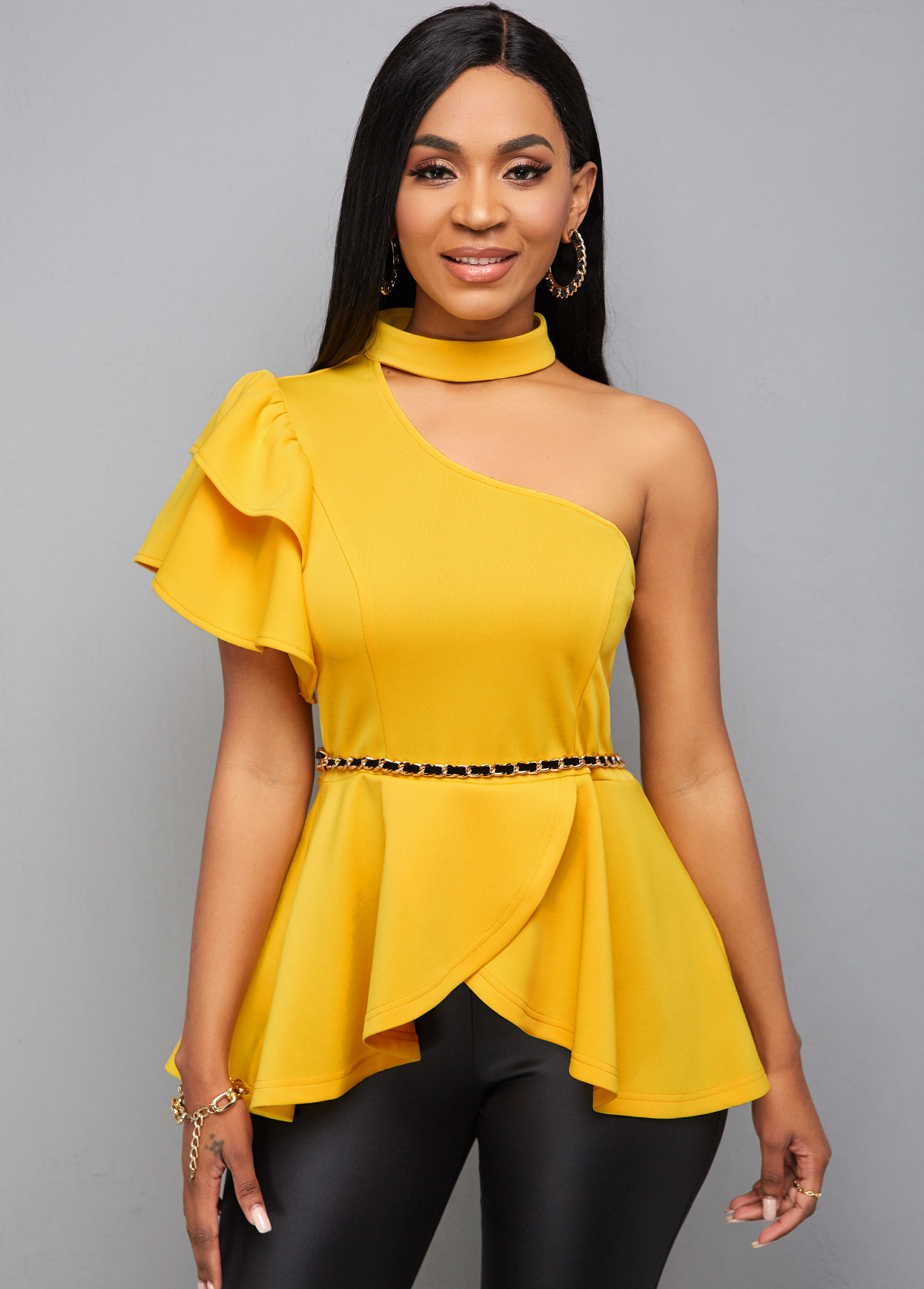 One Sleeve Choker Neck Ruffle Hem Blouse