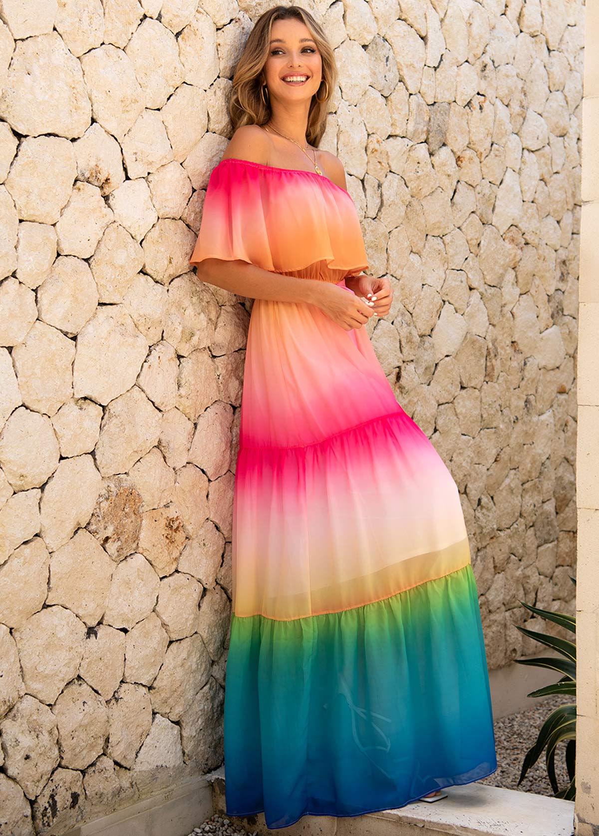 Flounce Rainbow Color Off Shoulder Maxi Dress
