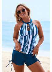 Drawstring Side Cutout Neck Stripe Print Tankini Set