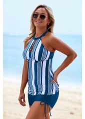 Drawstring Side Cutout Neck Stripe Print Tankini Set