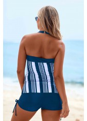 Drawstring Side Cutout Neck Stripe Print Tankini Set