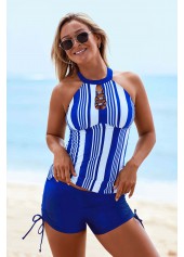 Cutout Neck Stripe Print Drawstring Side Tankini Set