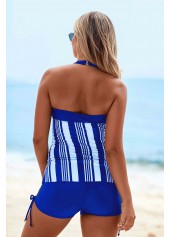 Cutout Neck Stripe Print Drawstring Side Tankini Set