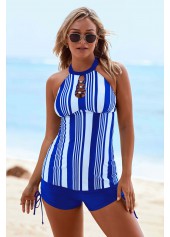 Cutout Neck Stripe Print Drawstring Side Tankini Set