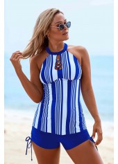 Cutout Neck Stripe Print Drawstring Side Tankini Set