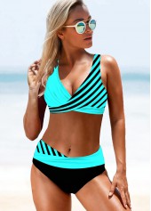Stripe Print Lace Up Back Cyan Bikini Set