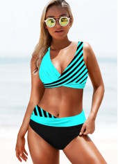 Stripe Print Lace Up Back Cyan Bikini Set
