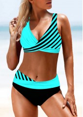 Stripe Print Lace Up Back Cyan Bikini Set