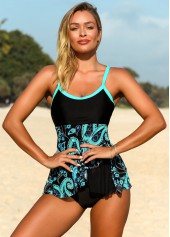 Contrast Piping Paisley Print Asymmetric Hem Tankini Top-No Bottom