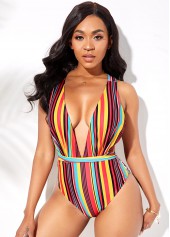 Rainbow Stripe Halter One Piece Swimwear
