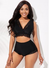 High Waist Lace Stitching Wide Strap Bikini Set