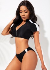 Black Quarter Zip Contrast Bikini Set