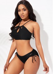 Drawstring Keyhole Neckline Cross Strap Bikini Set