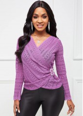 Rhinestone Buckle Lace V Neck T Shirt