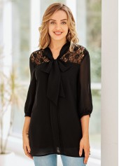 3/4 Sleeve Tie Neck Lace Stitching Blouse