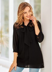 3/4 Sleeve Tie Neck Lace Stitching Blouse