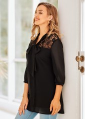 3/4 Sleeve Tie Neck Lace Stitching Blouse
