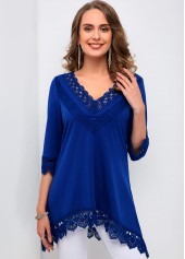 V Neck Lace Stitching Asymmetric Hem T Shirt