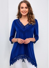 V Neck Lace Stitching Asymmetric Hem T Shirt