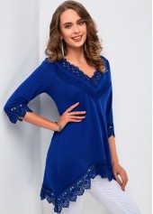 V Neck Lace Stitching Asymmetric Hem T Shirt