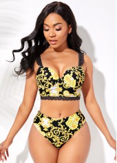 Baroque Print Lace Trim Bikini Set