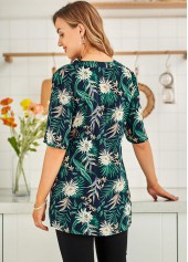 Half Sleeve Floral Print Split Neck Blouse