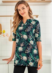 Half Sleeve Floral Print Split Neck Blouse