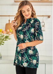 Half Sleeve Floral Print Split Neck Blouse
