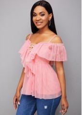 Strappy Cold Shoulder Lace Up Blouse