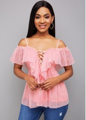 Strappy Cold Shoulder Lace Up Blouse