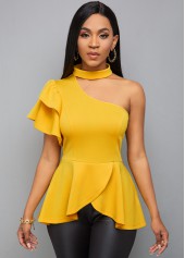 One Sleeve Choker Neck Ruffle Hem Blouse