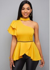 One Sleeve Choker Neck Ruffle Hem Blouse
