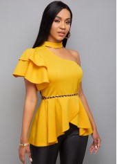 One Sleeve Choker Neck Ruffle Hem Blouse