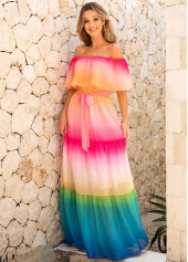 Flounce Rainbow Color Off Shoulder Maxi Dress