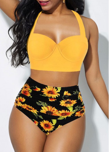 Rosewe Women High Waisted Bathing Suit High Waist Cutout Back Halter Sunflower Print Bikini Set - XL