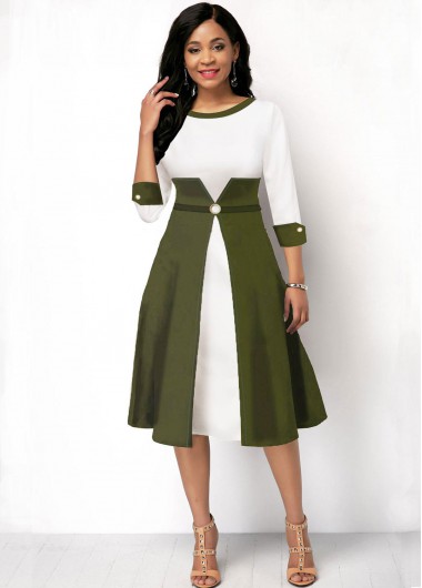 Rosewe Women Color Block A Line Three Quarter Sleeve Midi Casual Dress Green And White Round Neck Work Dress - XL