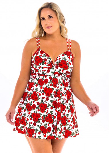 Rosewe Spaghetti Strap Plus Size Floral Print Swimdress and Panty - 3X