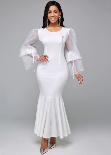 Rosewe Women White Long Sleeve Mermaid Hem Cocktail Party Dress Solid Color Flare Sleeve Maxi Elegant Evening Party Dress - S
