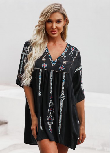 Rosewe 3/4 Sleeve Embroidered V Neck Cover Up - M