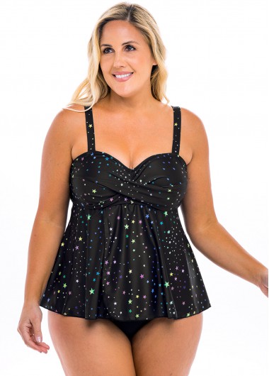 Rosewe Spaghetti Strap Plus Size Star Print Tankini Set - 3X