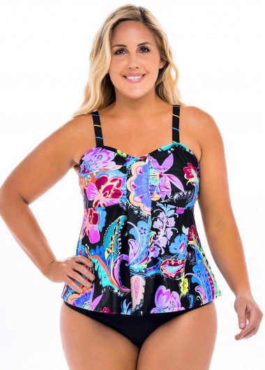 Rosewe Floral Print Spaghetti Strap Plus Size Tankini Set - 2X