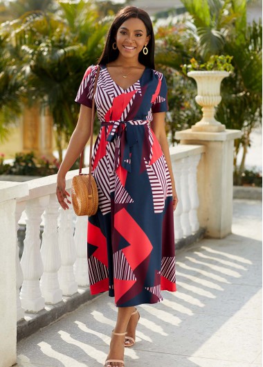 Rosewe Cocktail Party Dress Belted Striped V Neck Short Sleeve Dress - S