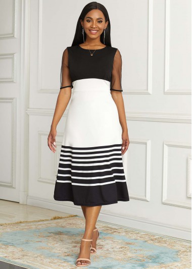 Rosewe Cocktail Party Dress Round Neck Striped Short Sleeve Dress - S