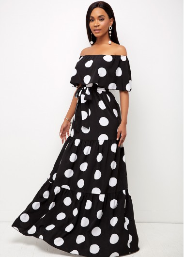 Rosewe Black Dresses Off Shoulder Belted Polka Dot Dress - S